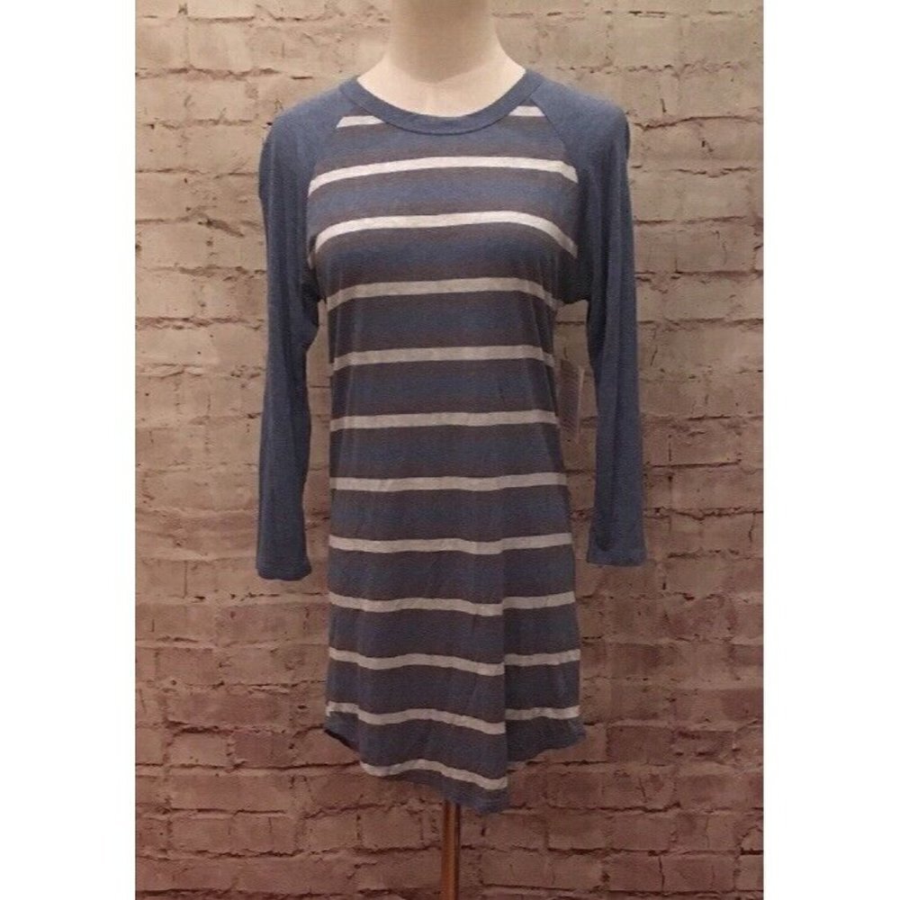 LuLaRoe RANDY Baseball Tee Shirt Size XS Blue White Gray Striped 3/4 Sleeve NEW